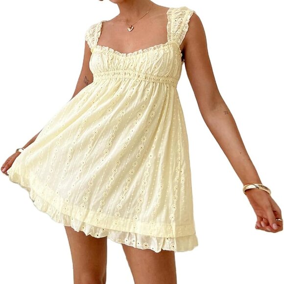 Dresses & Skirts - Women Sleeveless Mini Sundress Floral Embroidery Bowed Waist A-line Casual